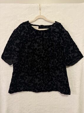 Vintage 90s Top Womens 14W Rena Rowan Black Burnout Velvet Floral Short Sleeve